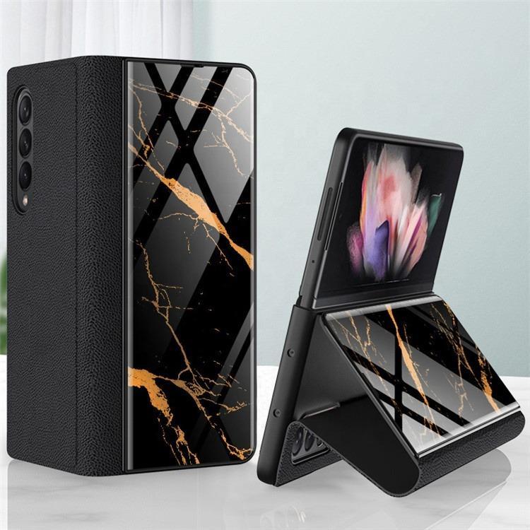 Galaxy Z Fold3 Marble Glass Leather Flip Case casemarts