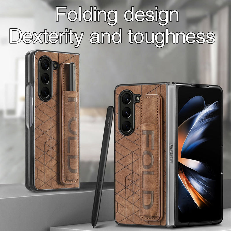 Galaxy Z Fold5 Elegant Leather Wristband & Pen Holder Case casemarts