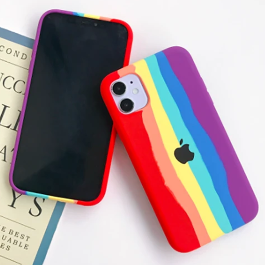 iPhone Series Rainbow Liquid Silicone Logo Case With Tempered Glass casemarts