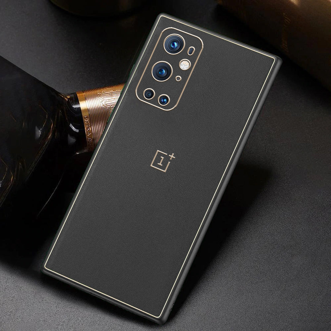 OnePlus 9 Pro Leather Textured Gold Plated Case casemarts