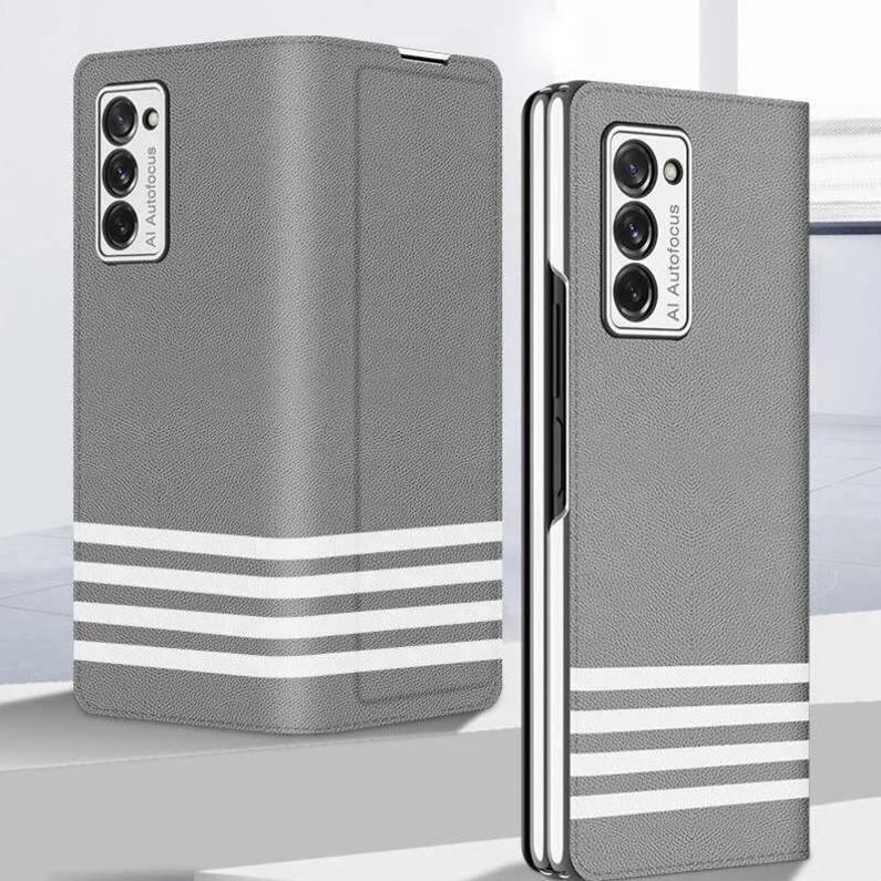 Galaxy Z Fold2 White Stripes Leather Flip Case casemarts