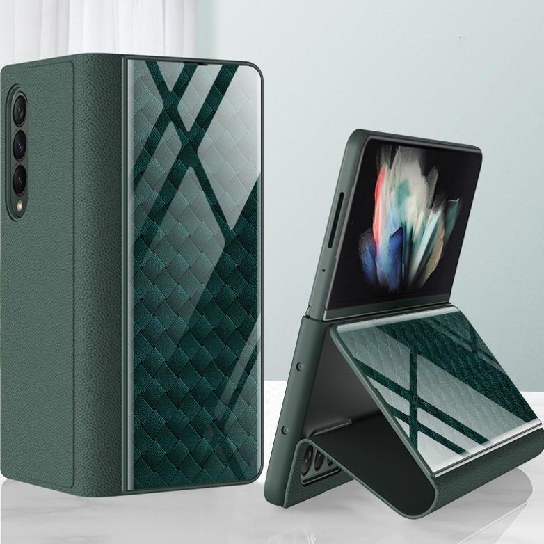 Galaxy Z Fold3 Grid Weaving Pattern Glass Flip Case casemarts