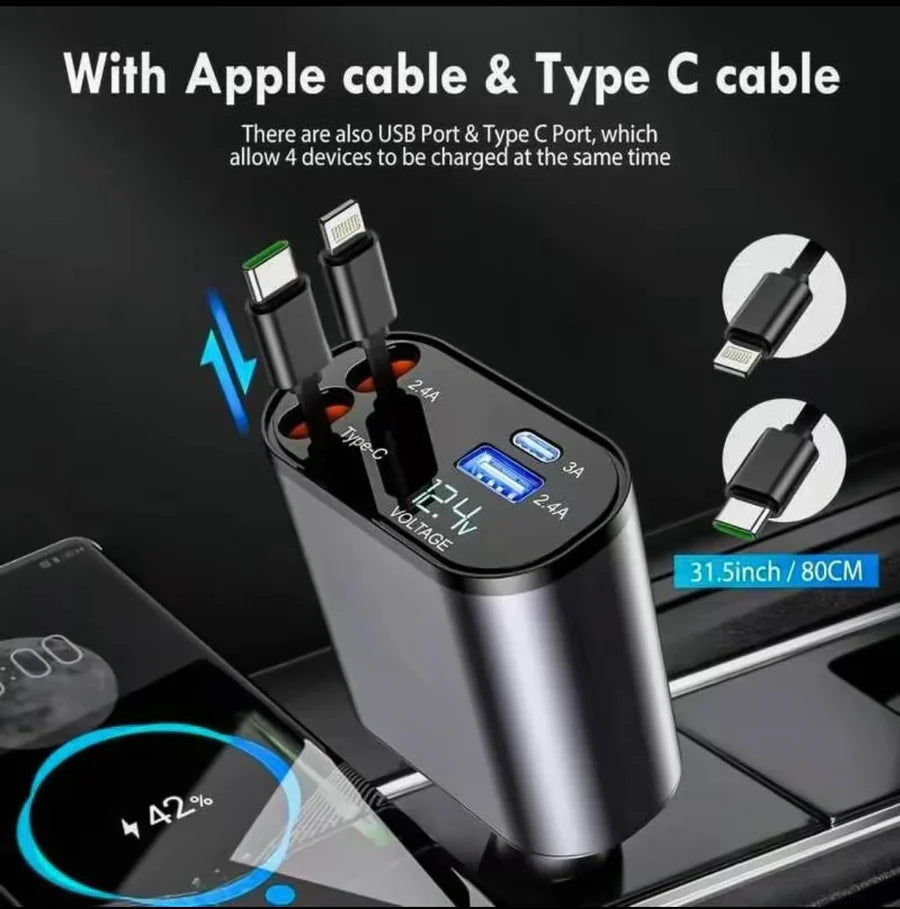 (120W) Premium 4-in-1 Retractable Car Charger Adapter(iPhone/Type C Cable) Urban Covers