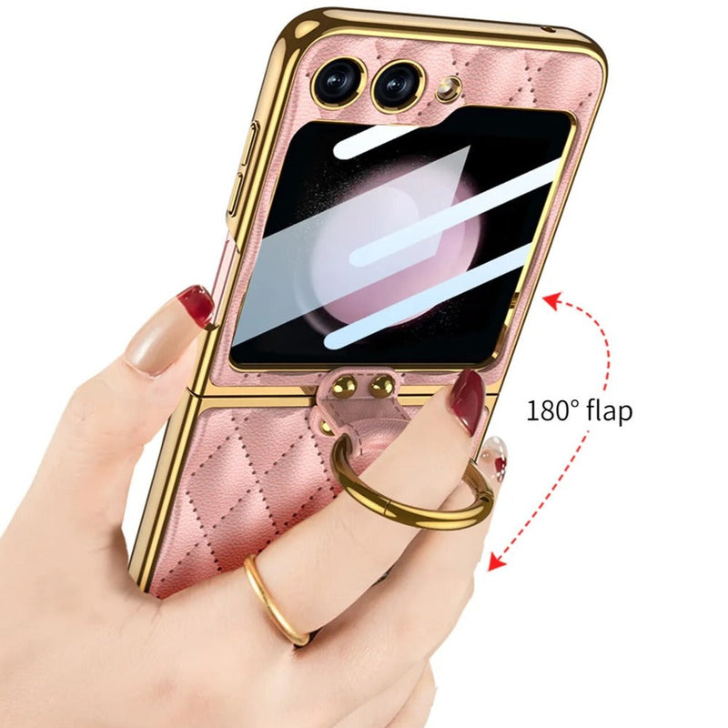 Galaxy Z Flip5 Elegant Leather Ring Support Case casemarts