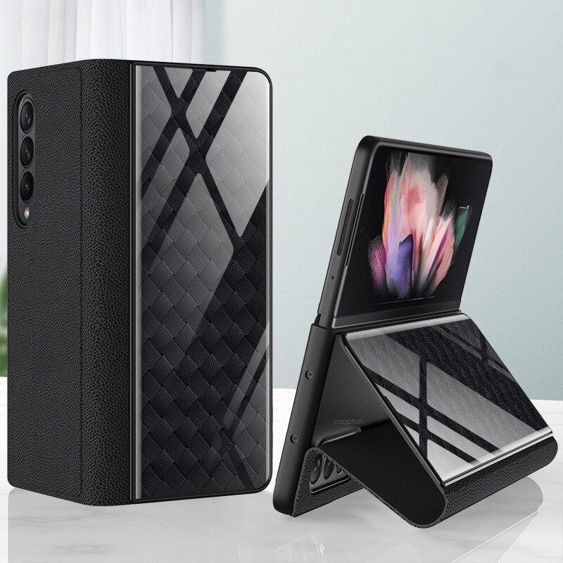 Galaxy Z Fold3 Grid Weaving Pattern Glass Flip Case casemarts