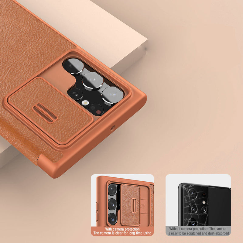 Galaxy S22 Series Camera Protection QIN Leather Flip Case casemarts