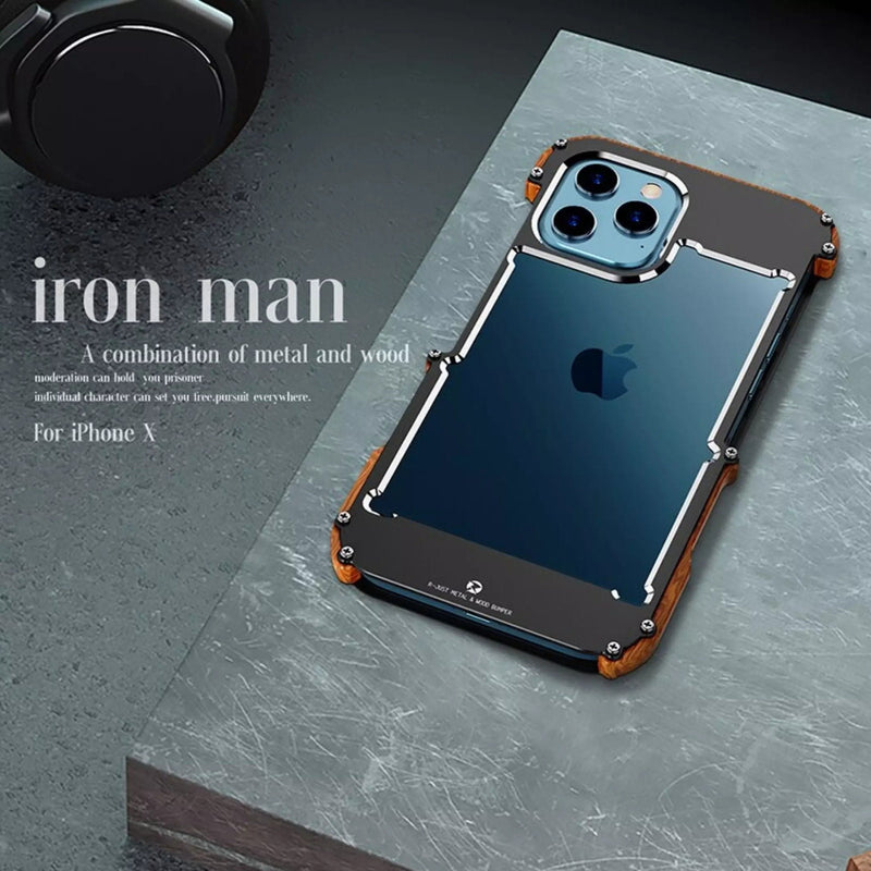 iPhone 13 Series R-Just Aluminium & Natural Wood Anti-shock Bumper Case casemarts