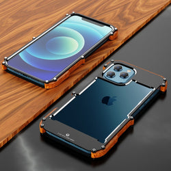 iPhone 14 Series R-Just Aluminium Natural Wood Anti Shock Bumper Case casemarts